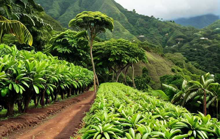 **
A lush, green coffee plantation in the mountains of St. Lucia. Focus on the volcanic soil, shade trees (mango and avocado), and the ideal humidity. Capture the essence of a perfect microclimate.
**