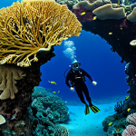A professional diver, fully clothed in a modest wetsuit and dive gear, gently observing a vibrant underwater coral garden in St. Lucia. The scene features a labyrinth of robust brain corals and soft, swaying gorgonian corals in intense purple, bright yellow, and various natural hues, illuminated by filtering sunlight in clear blue water. The atmosphere is peaceful and serene, reflecting the disarming beauty of the reef. safe for work, appropriate content, fully clothed, modest clothing, appropriate attire, perfect anatomy, correct proportions, natural pose, well-formed hands, proper finger count, natural body proportions, professional underwater photography, high quality, ultra-detailed, realistic.