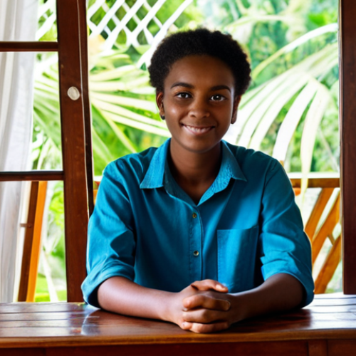 Home 7 **Prompt:** A young adult, fully clothed in modest casual attire, sitting comfortably at a simple wooden desk inside a cozy, well-maintained apartment in Castries, St. Lucia. Sunlight streams through a window, revealing a glimpse of typical local architecture and lush green foliage outside. The interior is clean, organized, and reflects an authentic island living space. safe for work, appropriate content, fully clothed, modest, perfect anatomy, correct proportions, natural pose, well-formed hands, proper finger count, natural body proportions, professional photography, high quality.