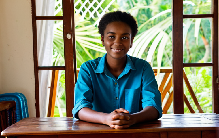 **Prompt:** A young adult, fully clothed in modest casual attire, sitting comfortably at a simple wooden desk inside a cozy, well-maintained apartment in Castries, St. Lucia. Sunlight streams through a window, revealing a glimpse of typical local architecture and lush green foliage outside. The interior is clean, organized, and reflects an authentic island living space. safe for work, appropriate content, fully clothed, modest, perfect anatomy, correct proportions, natural pose, well-formed hands, proper finger count, natural body proportions, professional photography, high quality.