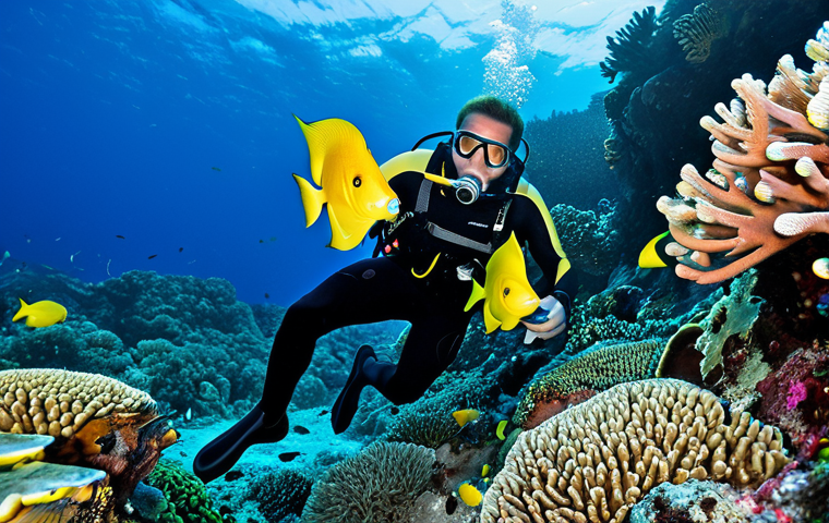 세인트루시아에서의 다이빙 자격증 - "A scuba diver, fully clothed in diving gear, exploring a vibrant coral reef at Anse Chastanet, Sain...