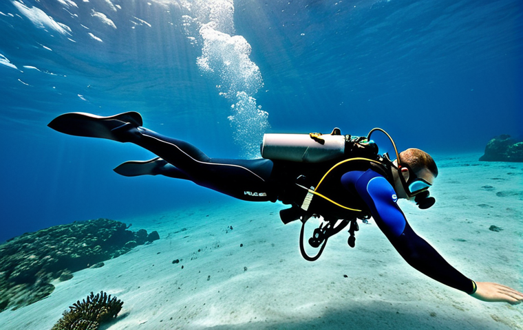 세인트루시아에서의 다이빙 자격증 - "A scuba diver, fully clothed in diving gear, exploring a vibrant coral reef at Anse Chastanet, Sain...