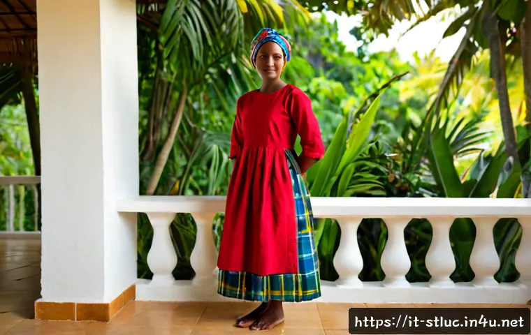 Home 8 세인트루시아 전통 의상 - Photorealistic full-length portrait of a Saint Lucian woman wearing a modest traditional madras dres...