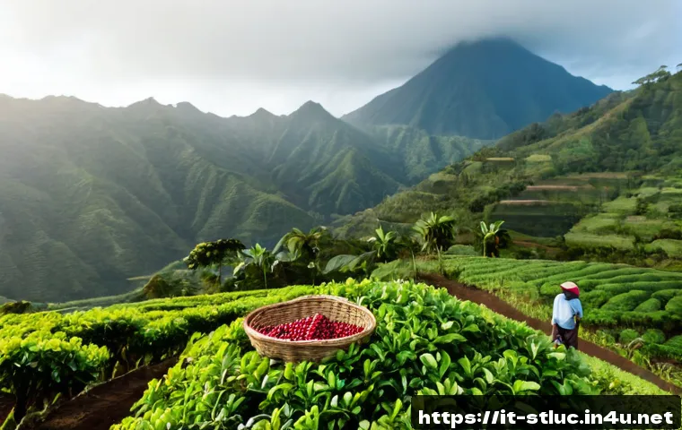 세인트루시아 커피 생산 - Photorealistic wide view of a small coffee farm on Saint Lucia, ripe red coffee cherries growing on ...