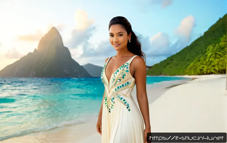 세인트루시아의 미스 월드 참가자 - Photorealistic full-length portrait of a Saint Lucia Miss World contestant standing gracefully on a ...