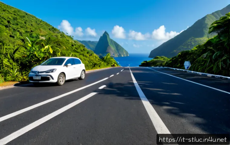 세인트루시아 교통사고 통계 - Photorealistic wide-angle view of a quiet Saint Lucia coastal road after a minor two-car collision, ...